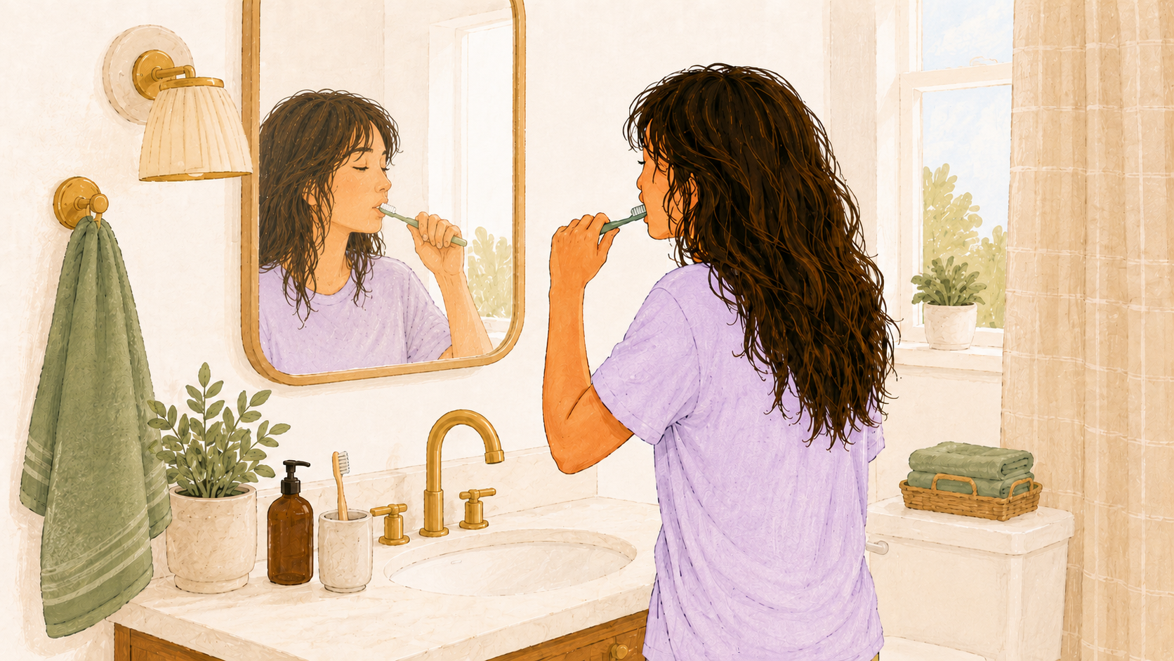A person brushing their teeth in a warm bathroom as one simple first step in an ADHD morning routine.