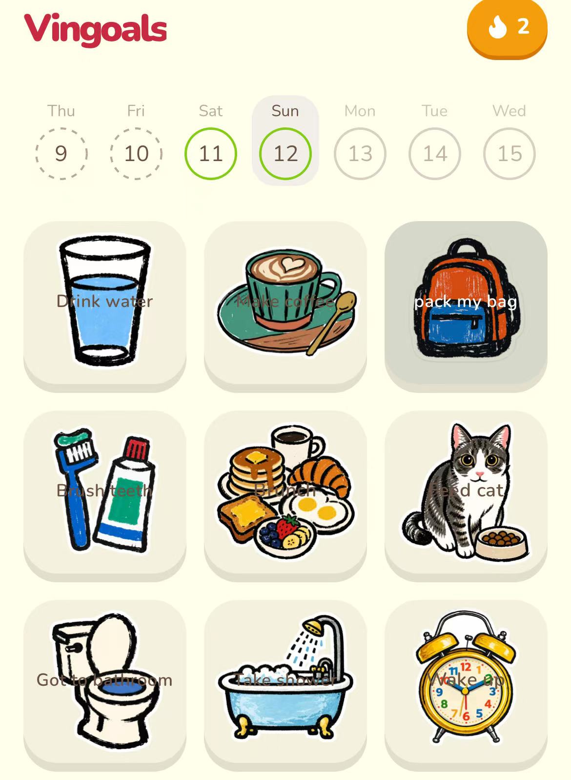 Vingoals morning routine board with visual checklist squares for waking up, drinking water, making coffee, packing a bag, brushing teeth, brunch, feeding a cat, using the bathroom, and taking a shower.