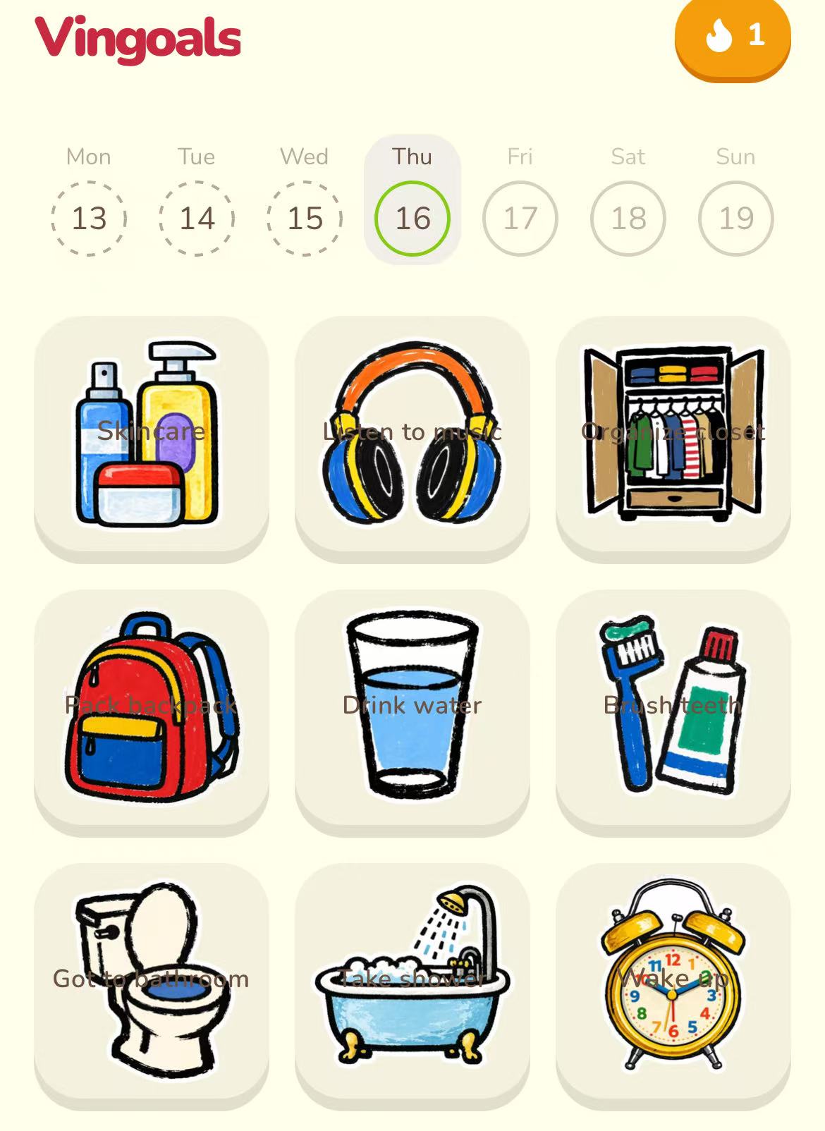 Vingoals night routine board with visual checklist squares for skincare, listening to music, preparing tomorrow's clothes, packing a backpack, drinking water, brushing teeth, going to the bathroom, taking a shower, and setting an alarm.