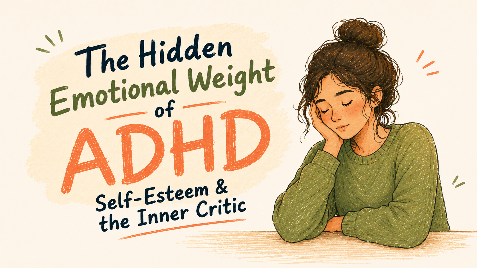 Hand-drawn cover art reading The Hidden Emotional Weight of ADHD, Self-Esteem and the Inner Critic beside a tired woman resting her head on one hand.