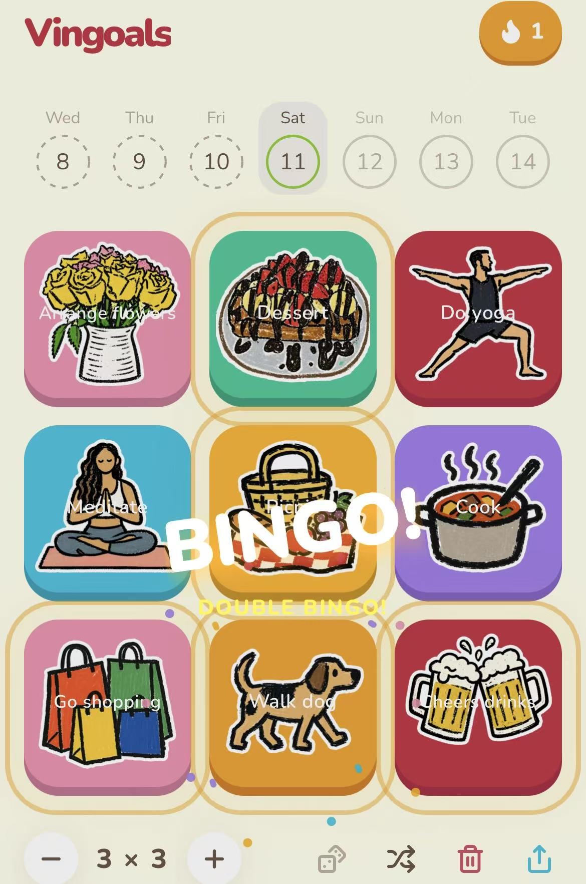 A Vingoals bingo board screenshot with self-care task squares including flowers, dessert, yoga, meditation, cooking, shopping, walking a dog, and drinks.