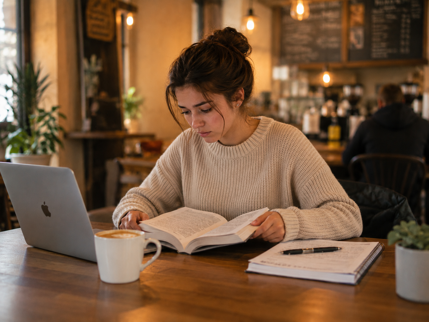Woman with ADHD studying with a laptop and book at a warm coffee shop after using a small study routine.
