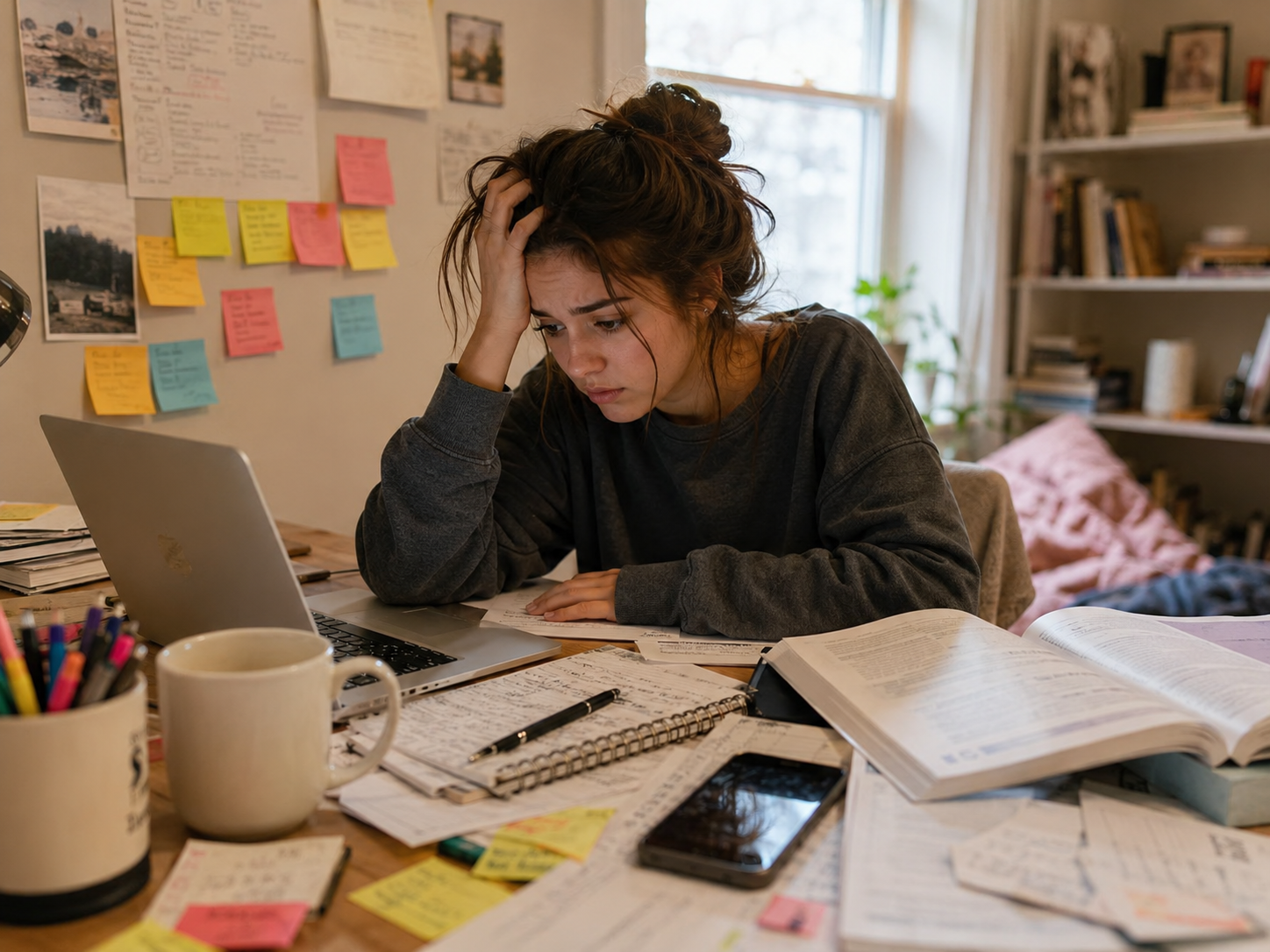 Student with ADHD feeling overwhelmed while studying at home with scattered notes and a laptop.