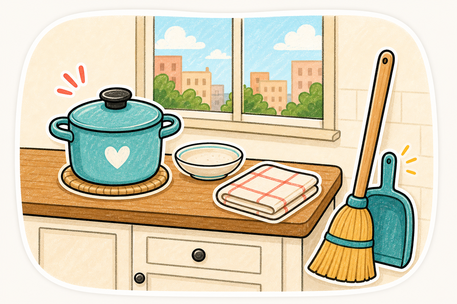 Hand-drawn kitchen reset scene with a pot, bowl, folded towel, broom, and dustpan as a gentle ADHD-friendly organizing cue.