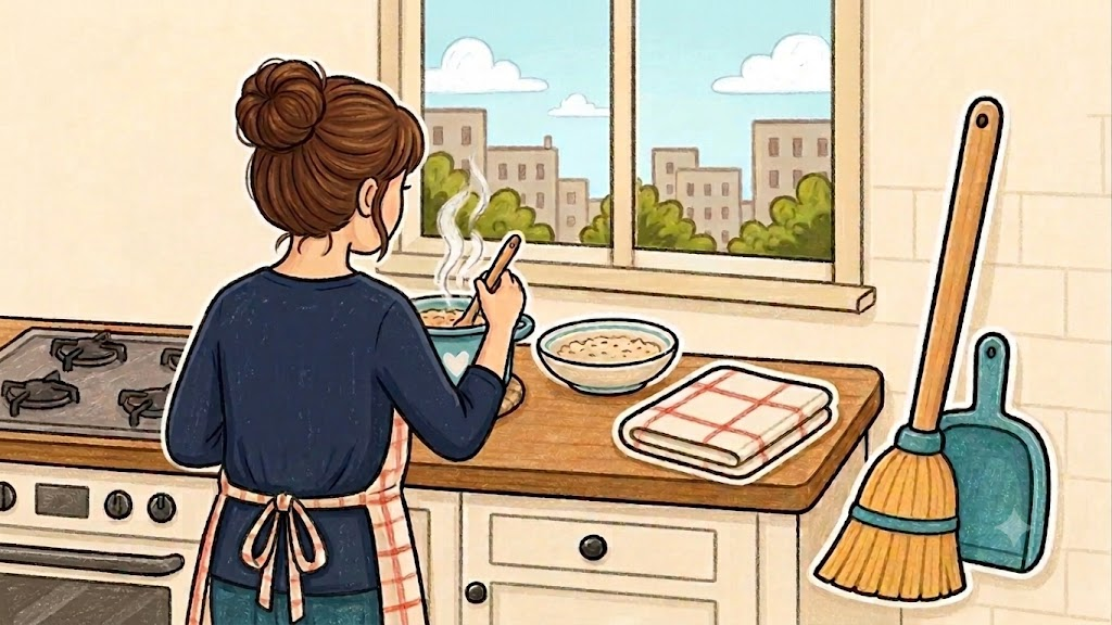 Woman with ADHD cooking in a bright kitchen with simple daily-care items nearby.