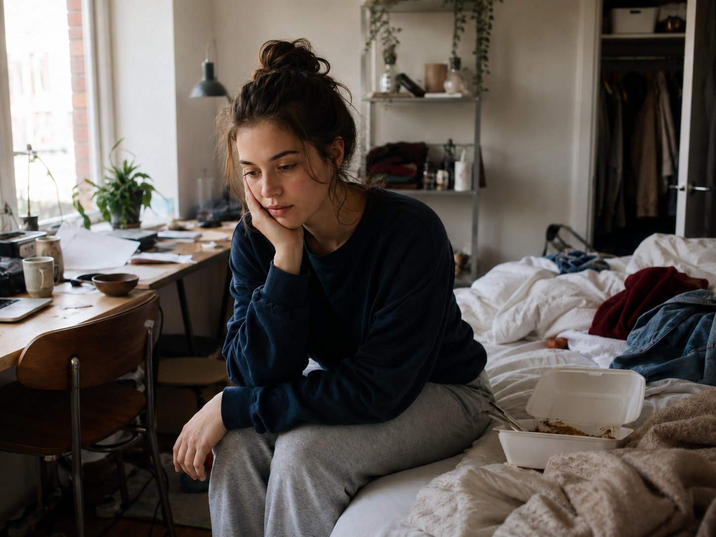 Woman with ADHD sitting in a messy room with laundry, takeout, and unfinished chores.