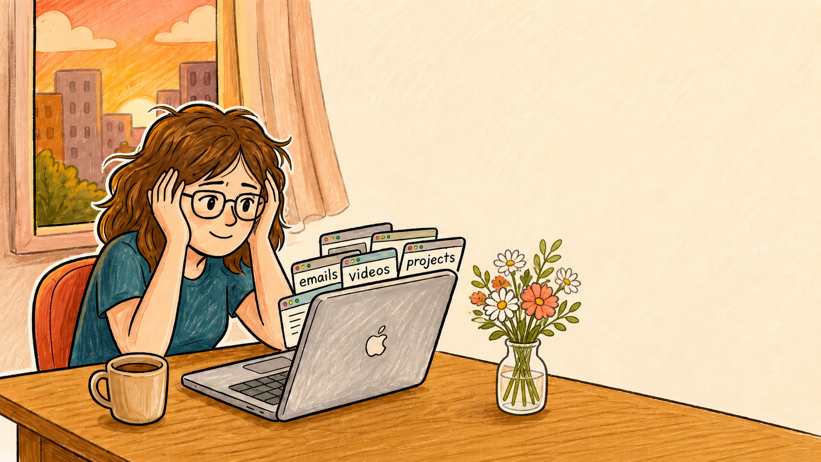 Freelance designer with ADHD facing an open laptop with emails, project files, and too many choices at the start of the workday.