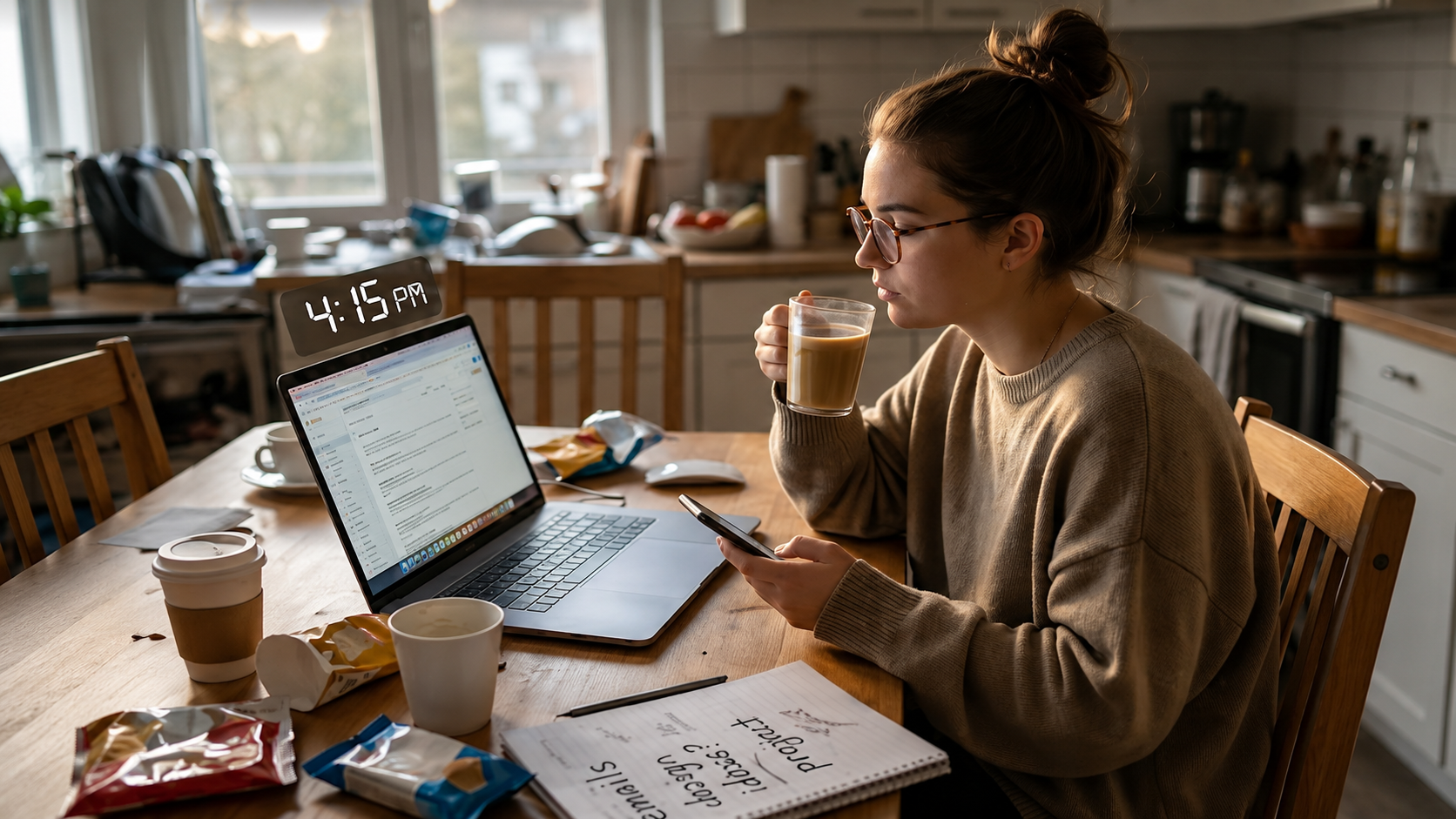 ADHD freelance designer at a kitchen table with email, notes, and an unfinished work project open in the afternoon.