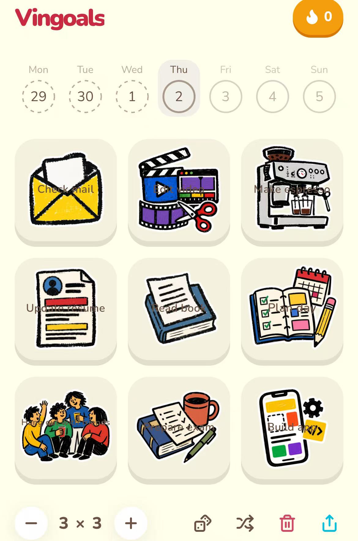 Vingoals ADHD freelance start board with small visual task squares for emails, project work, and planning the day.
