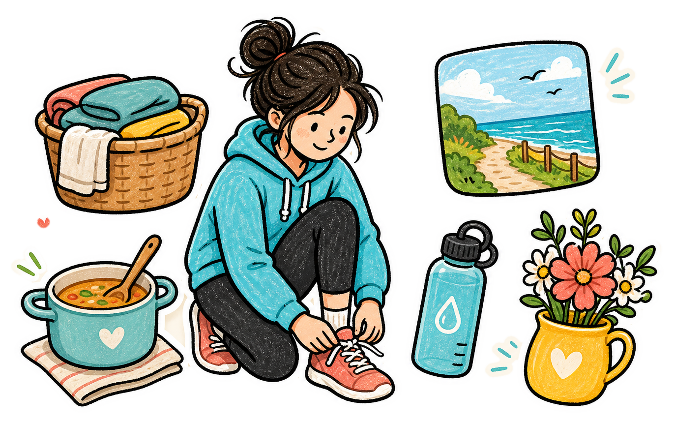 A hand-drawn sticker-style scene of a woman tying sneakers with everyday life stickers for laundry, cooking, flowers, water, and a seaside walk.