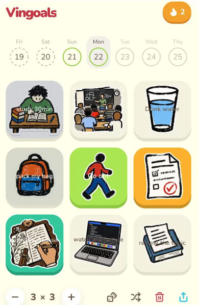 Vingoals ADHD study routine board with small visual task squares for packing a study bag, reviewing one topic, doing practice questions, and marking today complete.