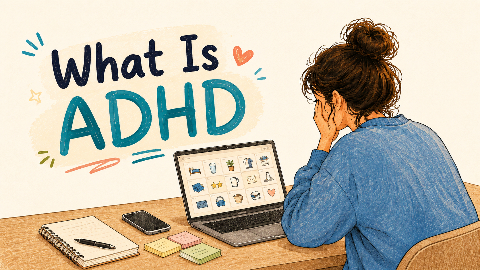 A person with ADHD looking at a simple bingo board of small daily tasks on a cozy desk.