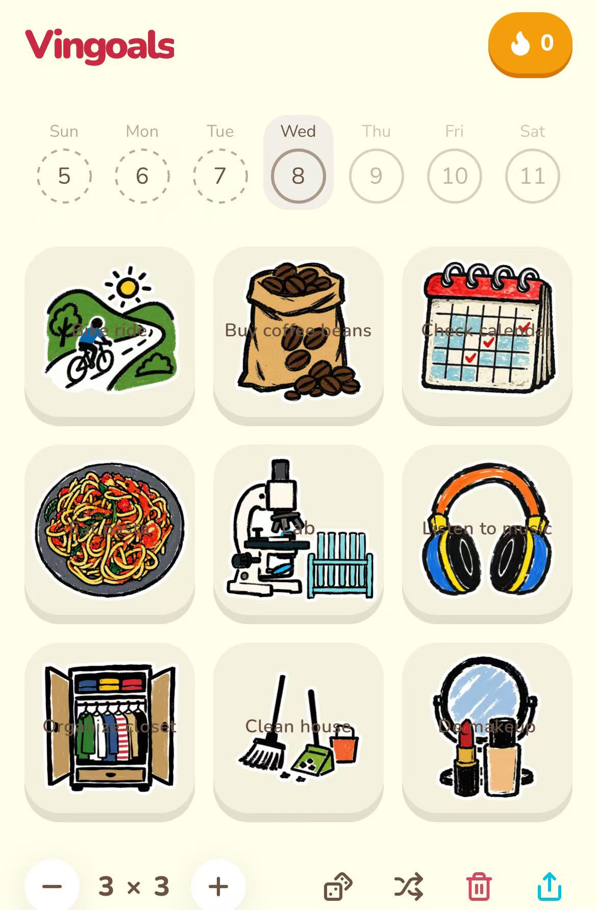 A Vingoals bingo board screenshot with simple visual task squares for daily actions.