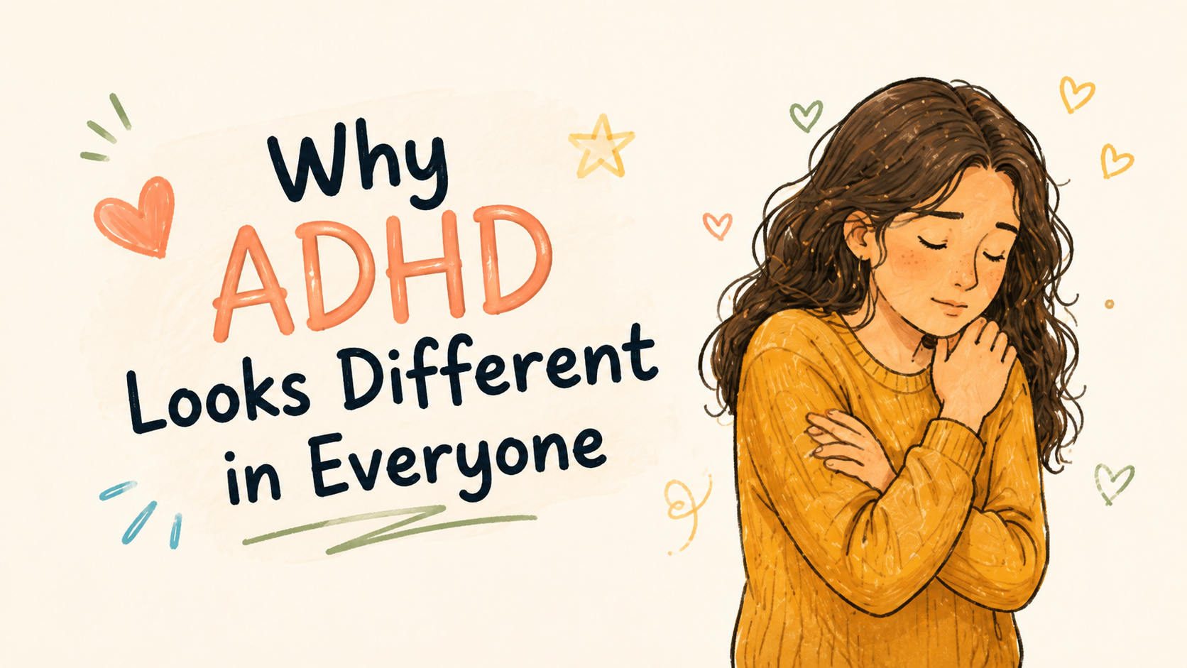 Hand-drawn title art reading Why ADHD Looks Different in Everyone beside a thoughtful woman in a yellow sweater.