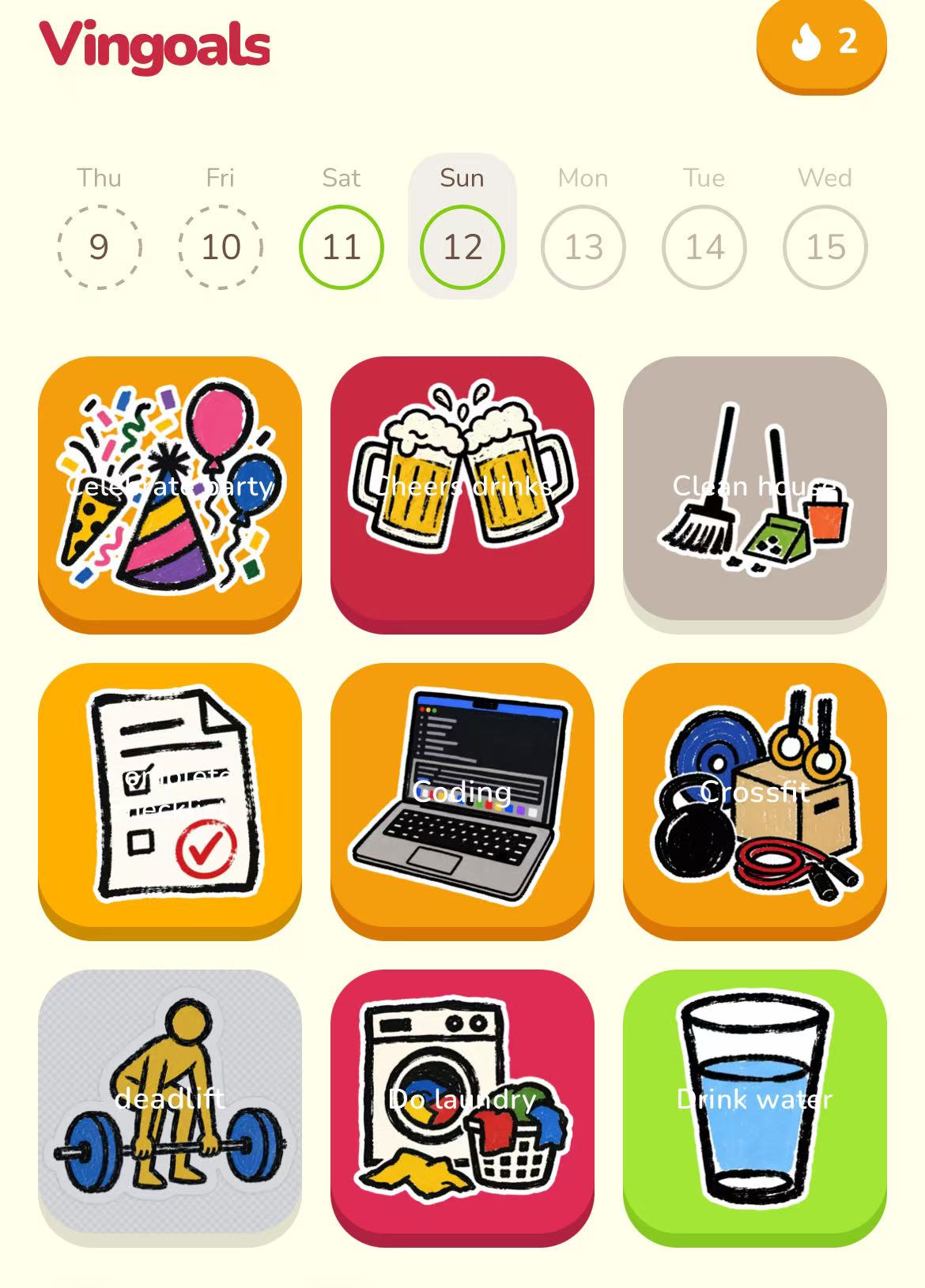 A Vingoals daily board screenshot with visual task squares for social plans, chores, coding, fitness, laundry, and drinking water.